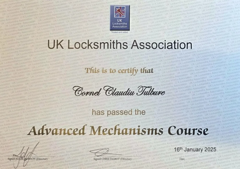 UK Locksmiths Association Advanced Mechanisms Course certificate awarded to Cornel, January 2025