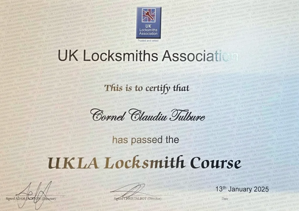 UK Locksmiths Association Locksmith Course certificate awarded to Cornel, January 2025